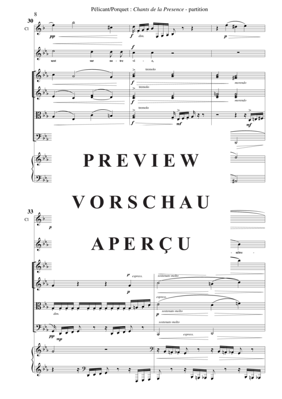 Product gallery: Page 11 of 21 Chants de la Présence , , (Mixed ensemble for soprano, clarinet in Bb + string quartet, piano)