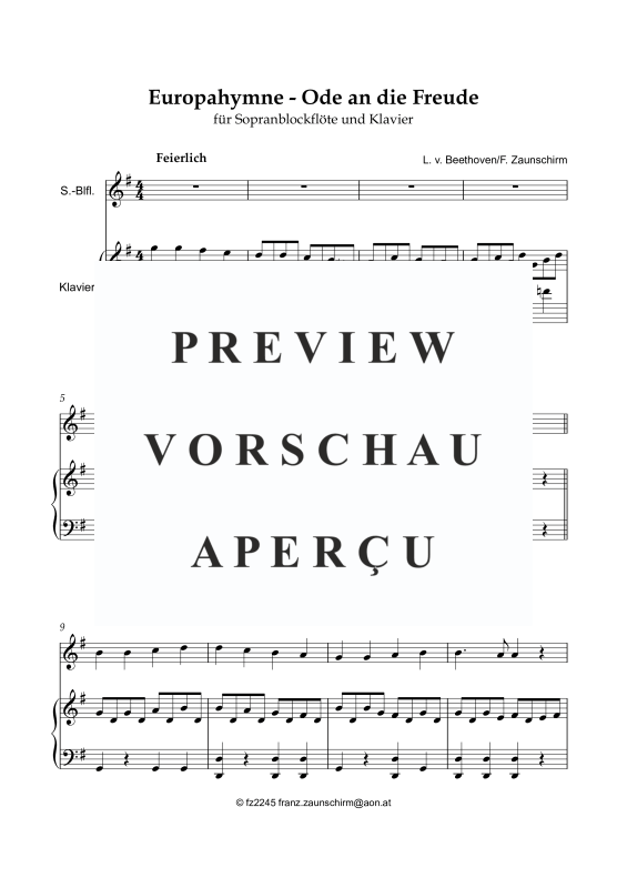 Produktgalerie: Seite 2 von 8 Europahymne - Ode an die Freude, , Sopran Blockflöte und Klavier