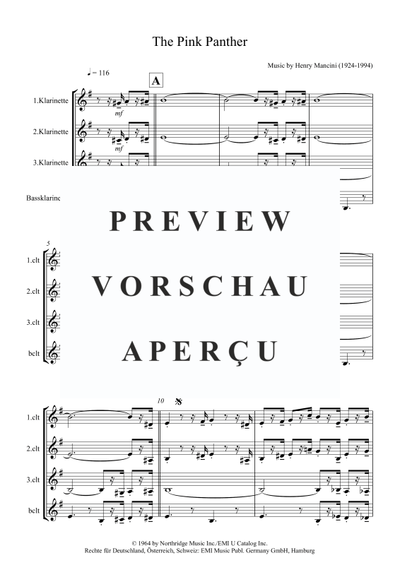 gallery: Pink Panther, , Clarinet Quartet 3x Clarinet In Bb and Bass Clarinet