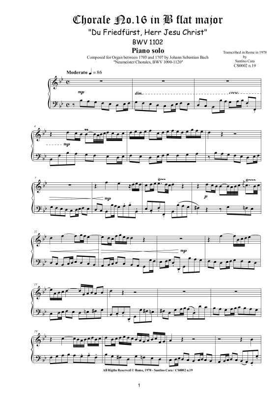 Product picture to: Choral No.16 in B-Dur (Du Friedfürst, Herr Jesu Christ) BWV 1102Johann Sebastian Bach