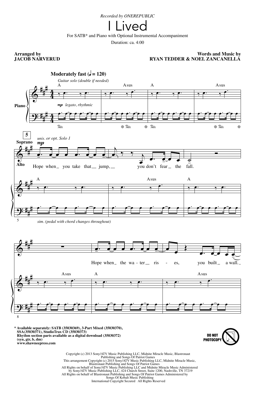 Produktbild zu: I Lived (arr. Jacob Narverud)