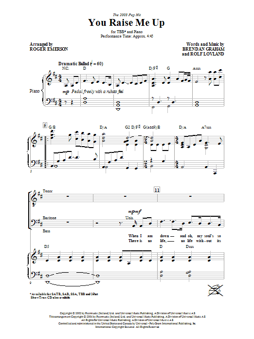 Product picture to:  You Raise Me Up (arr. Roger Emerson) - Josh Groban