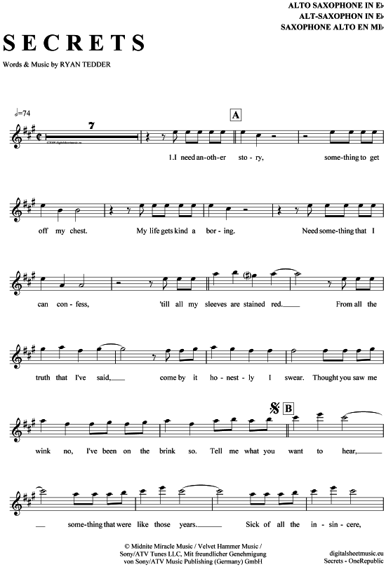 Product gallery: Page 1 of 4 Secrets , OneRepublic, Alto Saxophone