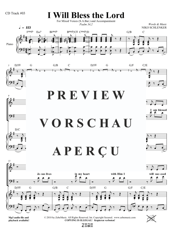 gallery: I Will Bless the Lord, , Gemischter Chor SAM/Solo opt. und Klavier