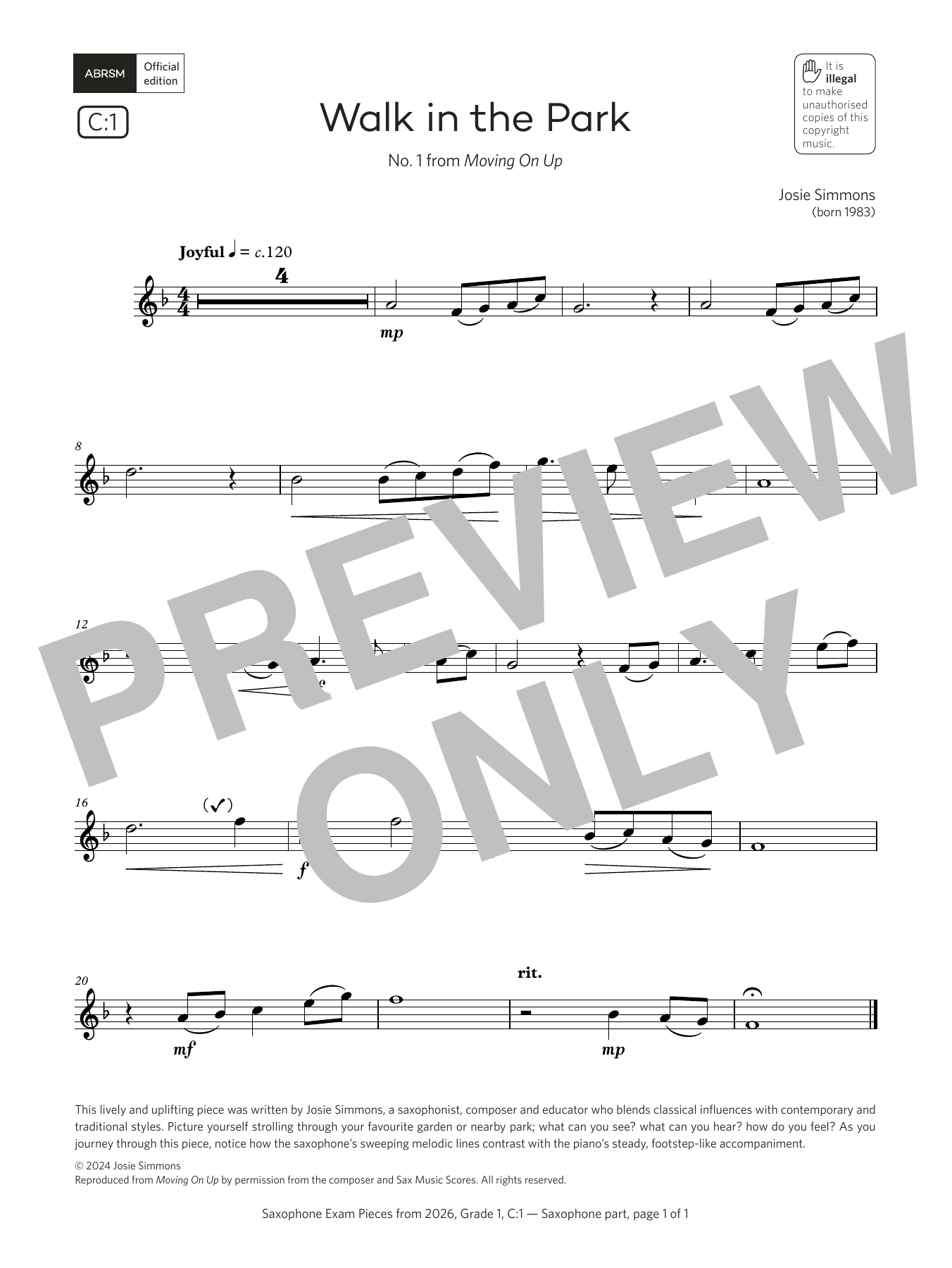Product gallery: Page 1 of 1 Walk in the Park (Grade 1, list C1, from the ABRSM Saxophone Syllabus from 2026), Josie Simmons
