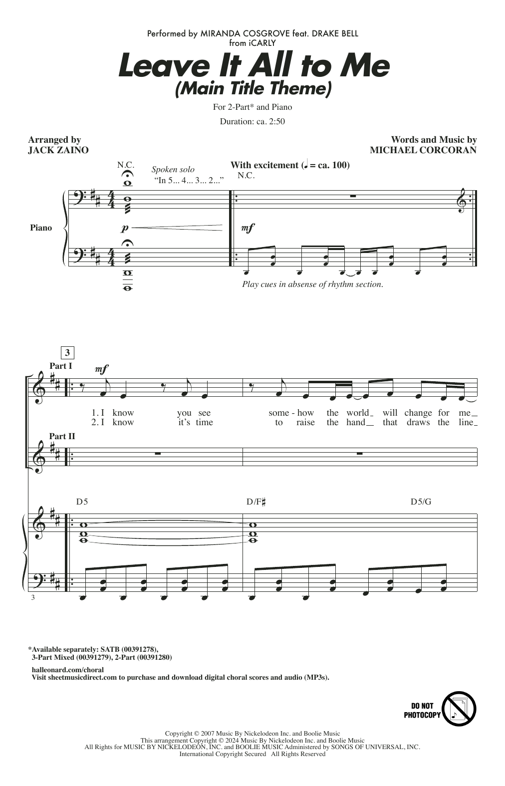 Produktgalerie: Seite 1 von 1 Leave It All To Me (Main Title Theme from iCarly) (arr. Jack Zaino), Miranda Cosgrove, Chor