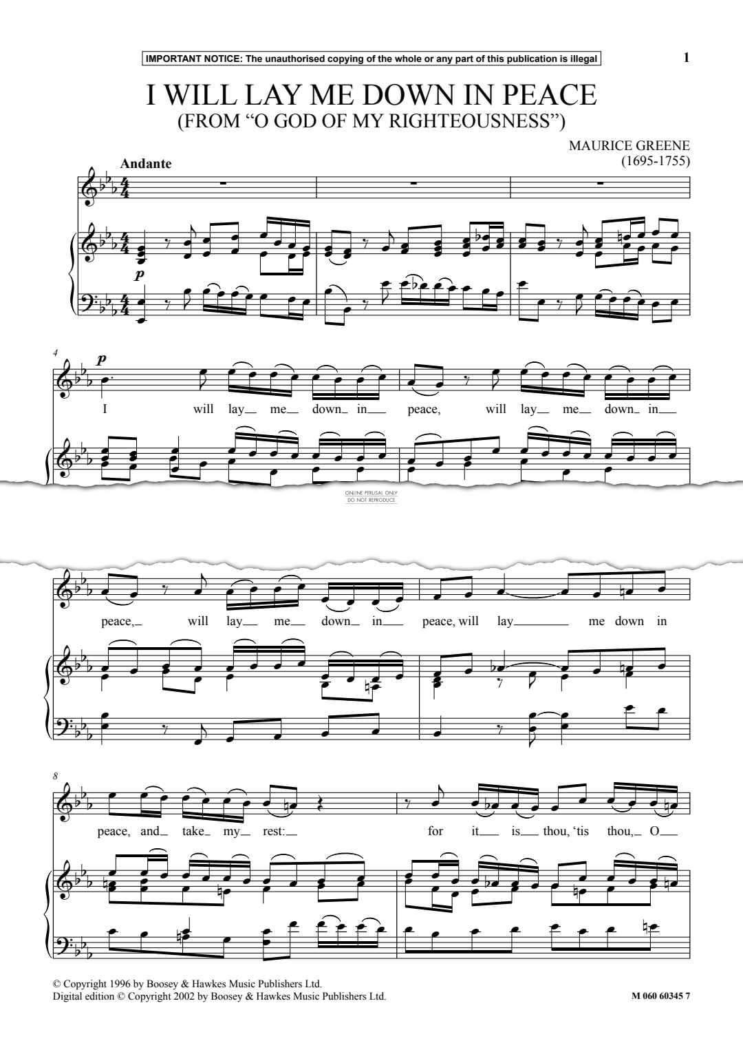 Produktgalerie: Seite 1 von 1 I Will Lay Me Down In Peace (from O God Of My Righteousness), Maurice Greene, Gesang, Klavier