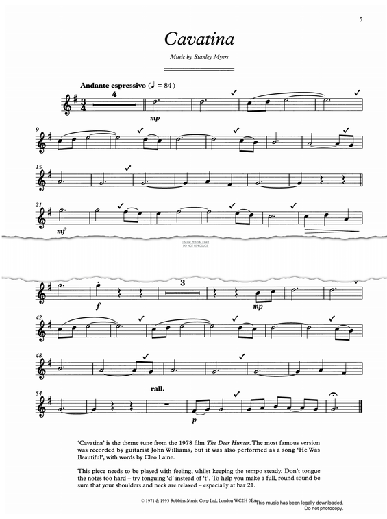 Product gallery: Page 1 of 1 Cavatina (Theme From 'The Deer Hunter'), Stanley Myers