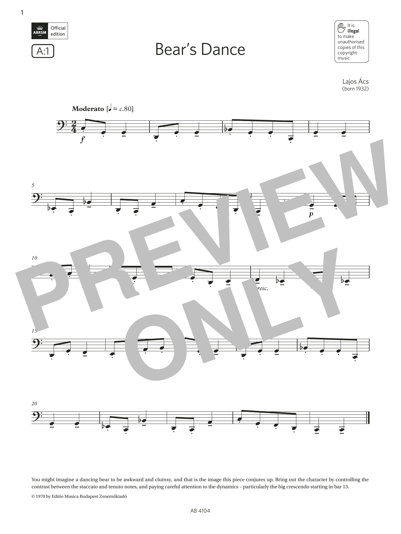 Produktbild zu:  Bear's Dance (Grade 1, A1, from the ABRSM Cello Syllabus from 2024) - Lajos Ács