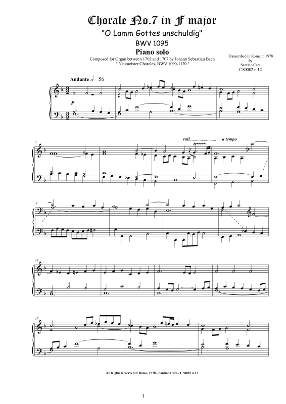 Product picture to: Choral No.7 in F-Moll (O Lamm Gottes unschuldig) BWV 1095Johann Sebastian Bach
