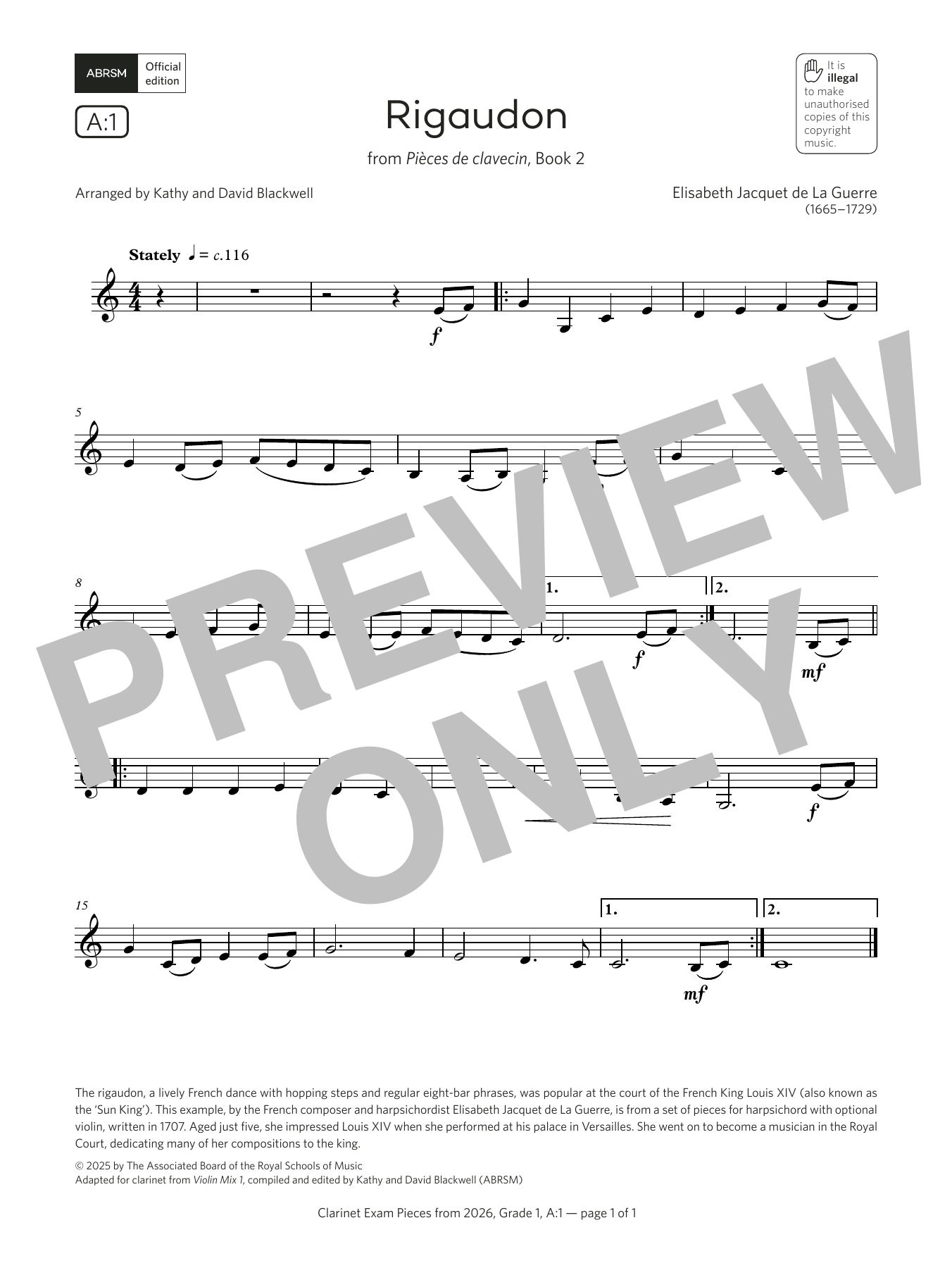Product gallery: Page 1 of 1 Rigaudon (Grade 1, list A1, from the ABRSM Clarinet Syllabus from 2026), Elisabeth Jacquet de La Guerre