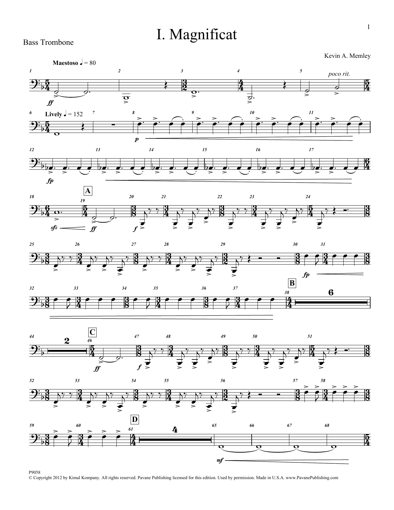 Product gallery: Page 1 of 1 Magnificat (Brass and Percussion) (Parts) - Bass Trombone, Kevin Memley