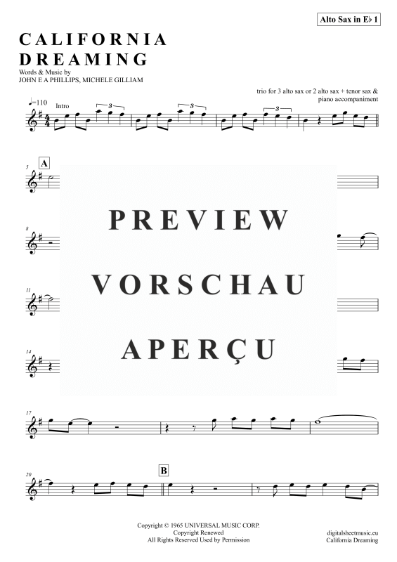 gallery: California Dreamin, Mamas & Papas, (Saxophon Trio AAA(T) + Klavier)