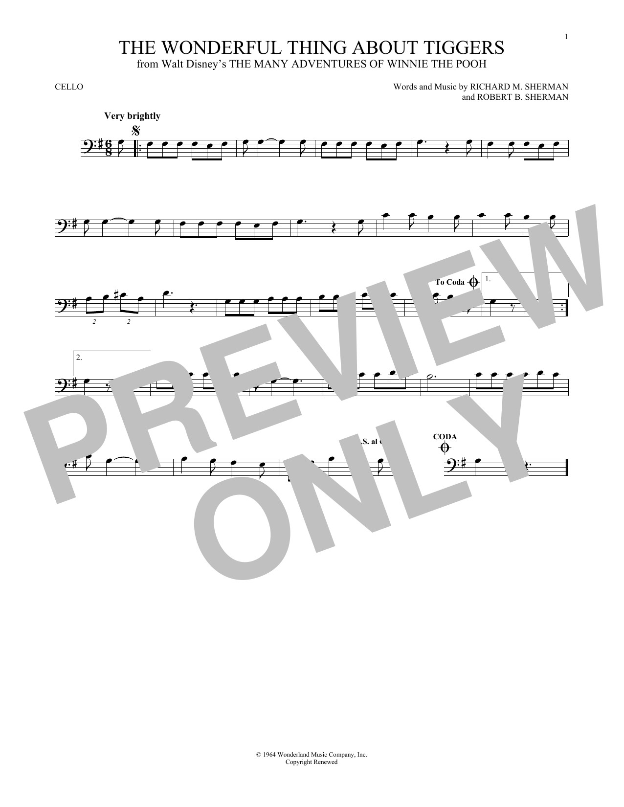 Produktgalerie: Seite 1 von 1 The Wonderful Thing About Tiggers (from The Many Adventures Of Winnie The Pooh), Sherman Brothers, Violoncello
