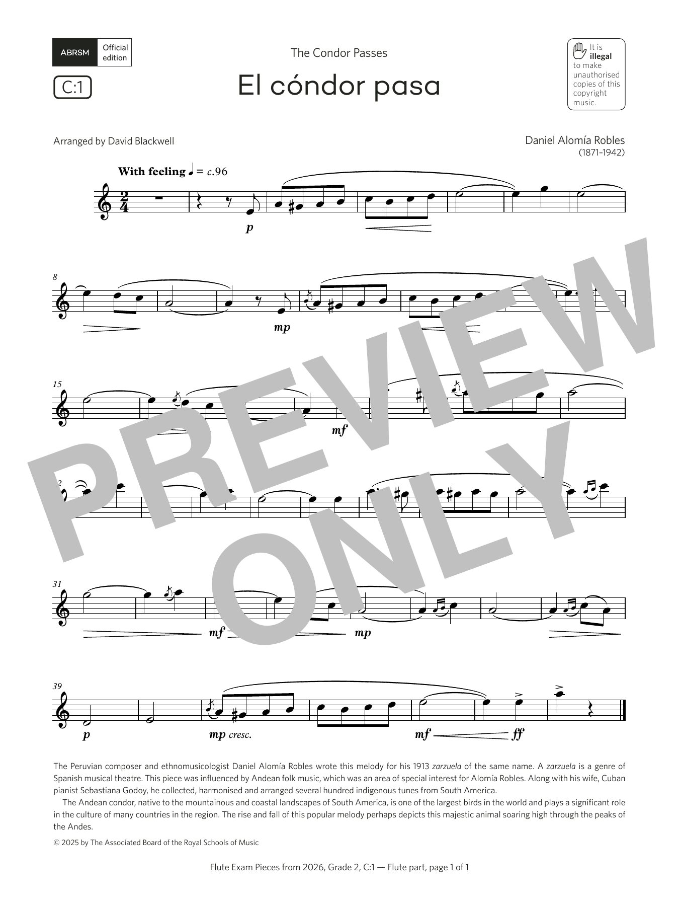 Product gallery: Page 1 of 1 El cóndor pasa (Grade 2, list C1, from the ABRSM Flute Syllabus from 2026), Daniel Alomía Robles
