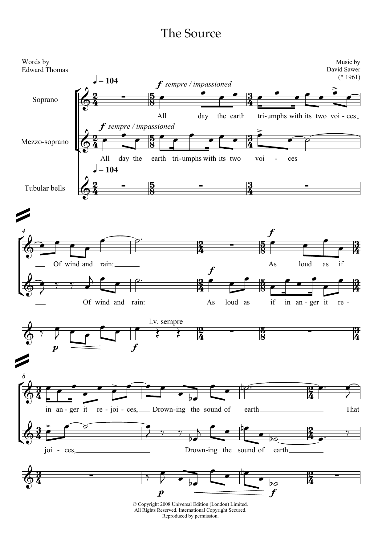 Product picture to: The Source (for soprano, mezzo-soprano and tubular bells)