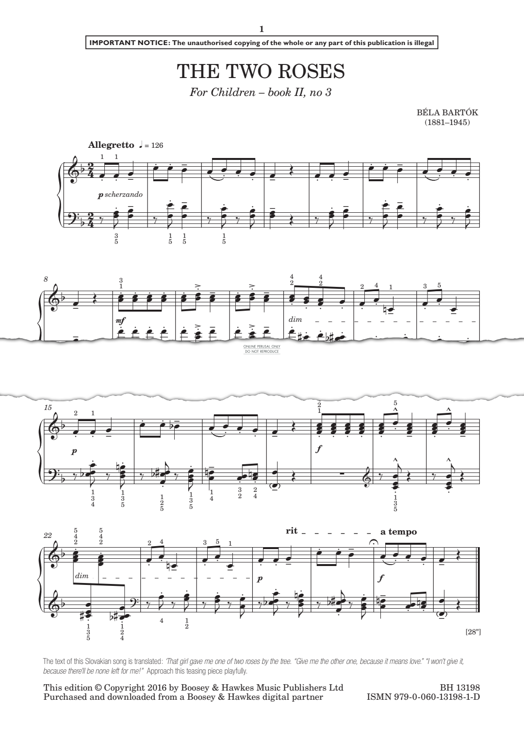 gallery: The Two Roses (from For Children - Book II, No. 3), Bela Bartok, Klavier