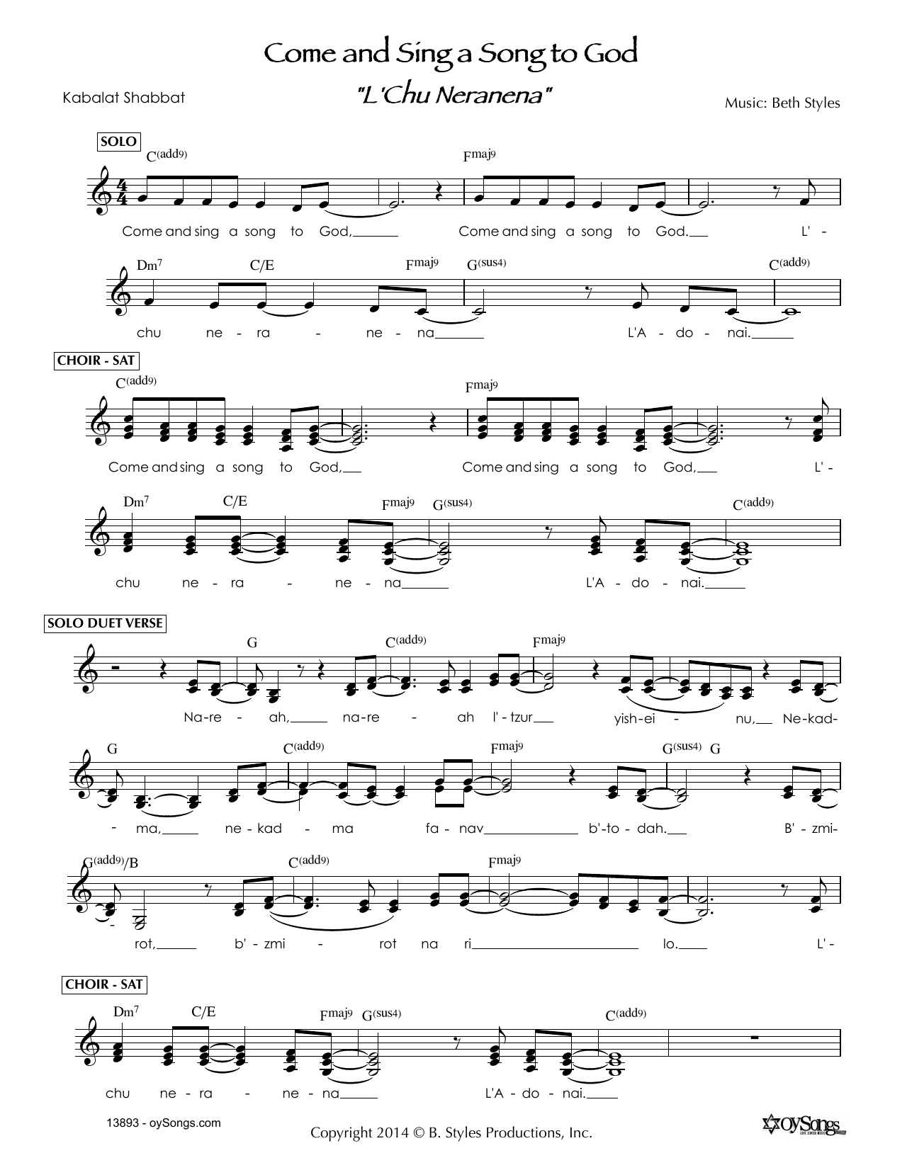 Product gallery: Page 1 of 1 Come and Sing a Song to God - L'Chu Neranena, Beth Styles