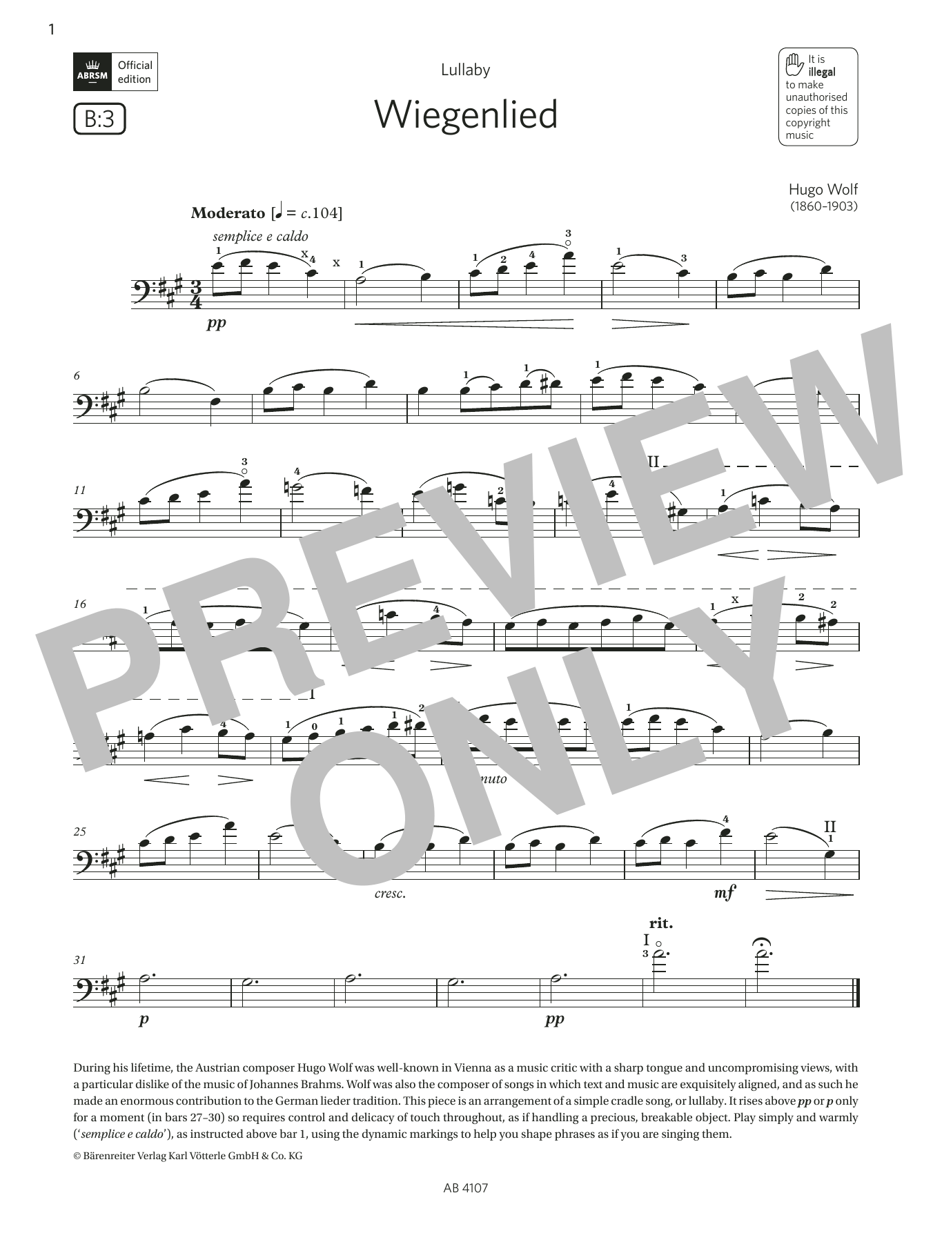 Produktbild zu:  Wiegenlied (Grade 4, B3, from the ABRSM Cello Syllabus from 2024) - Hugo Wolf