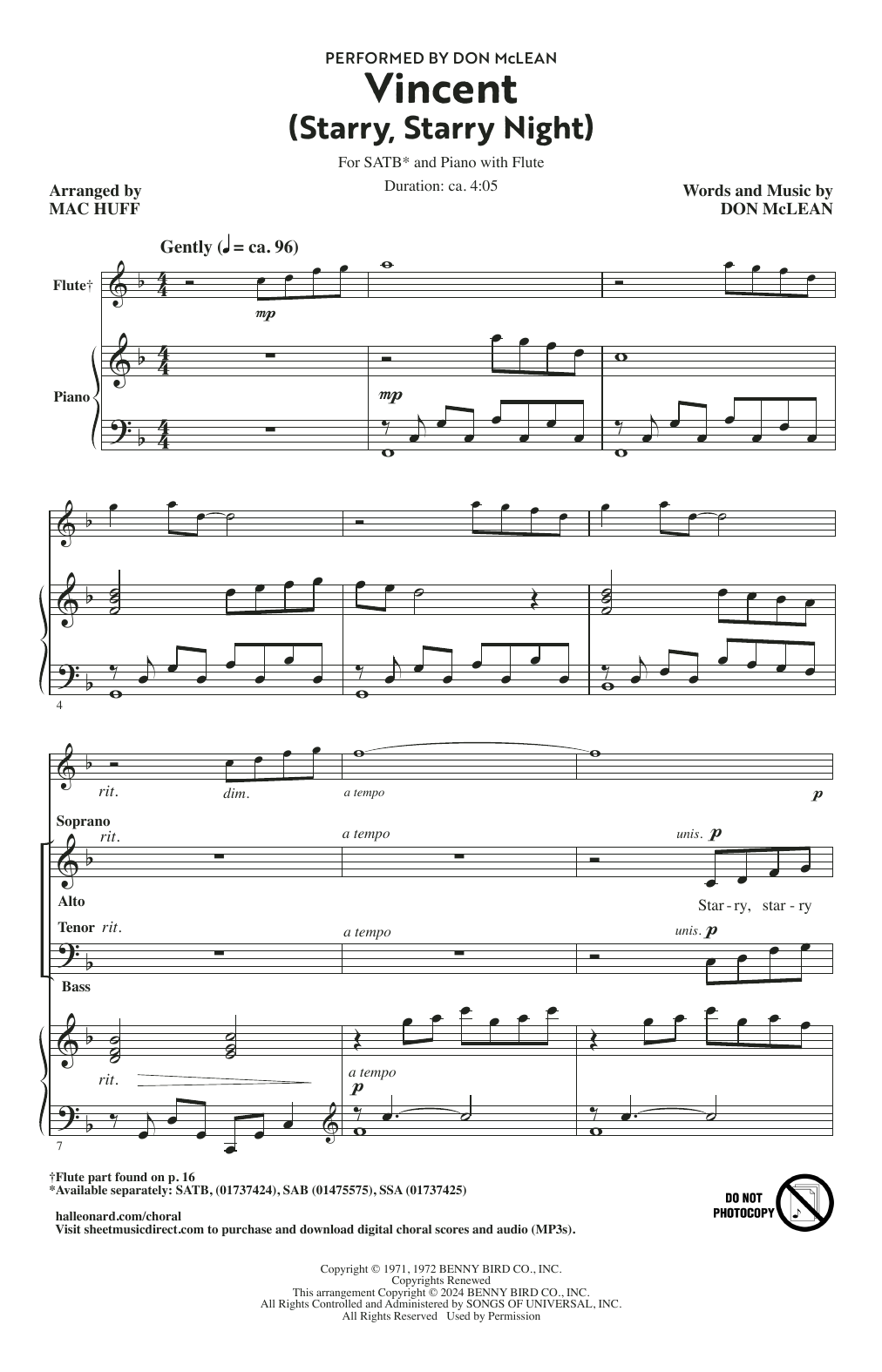 Product gallery: Page 1 of 1 Vincent (Starry Starry Night) (arr. Mac Huff), Don McLean