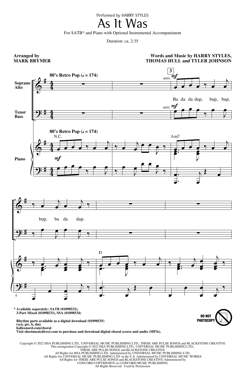 Product picture to: As It Was (arr. Mark Brymer)