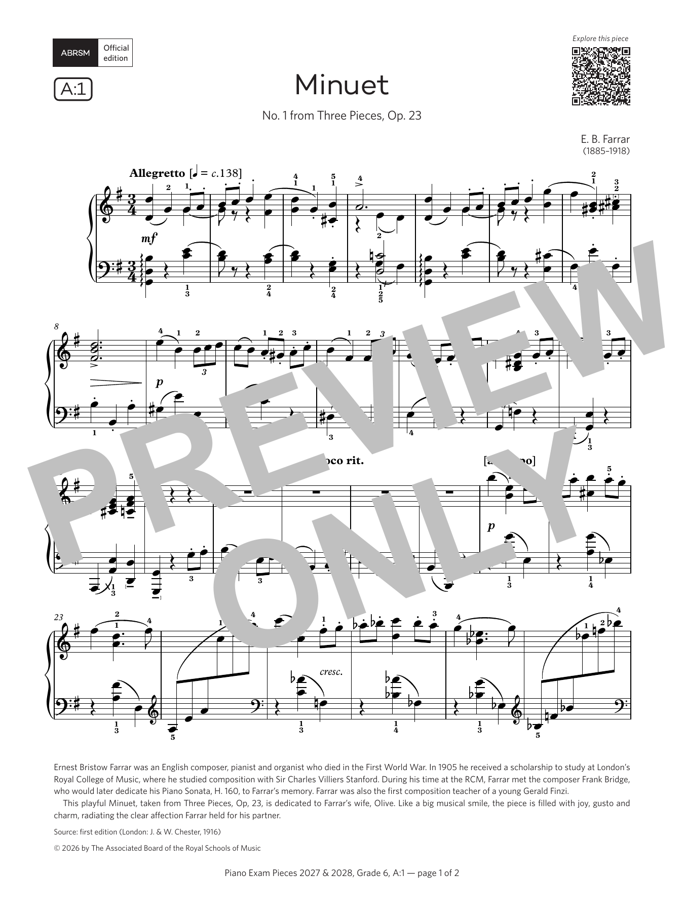 Product gallery: Page 1 of 1 Minuet (Grade 6, list A1, from the ABRSM Piano Syllabus 2027 & 2028), Ernest Farrar