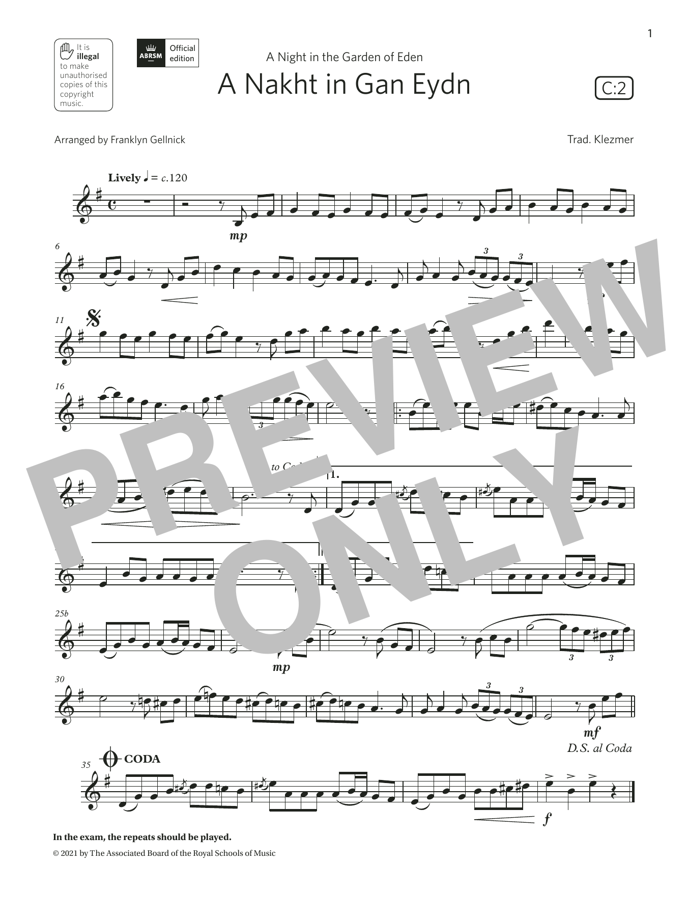 Product gallery: Page 1 of 1 A Nakht in Gan Eydn  (Grade 4 List C2 from the ABRSM Clarinet syllabus from 2022), Trad. Klezmer