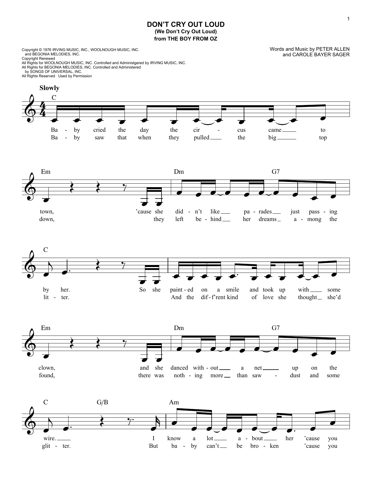 Product gallery: Page 1 of 1 Don't Cry Out Loud (We Don't Cry Out Loud) (from The Boy From Oz), Melissa Manchester