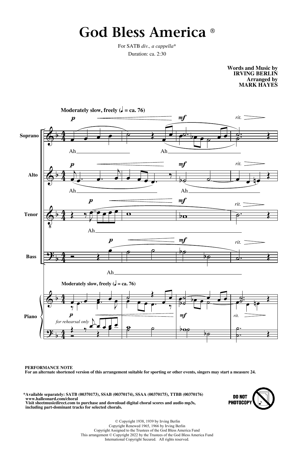 Produktbild zu: God Bless America (arr. Mark Hayes)