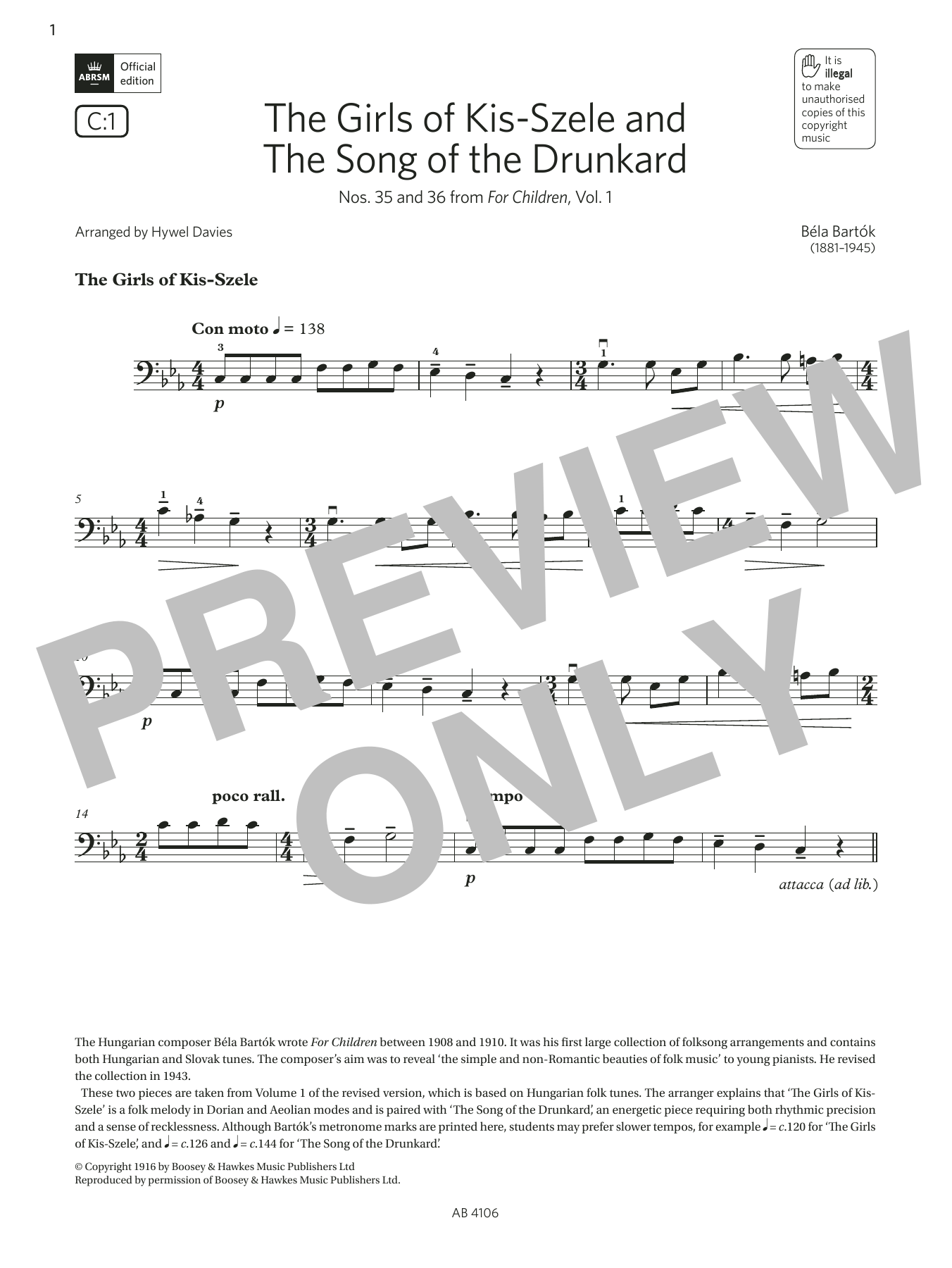 Produktbild zu:  The Girls of Kis-Szele and The Song of the Drunkard (Grade 3, C1 from the ABRSM Cello Syllabus 2024) - Béla Bartók