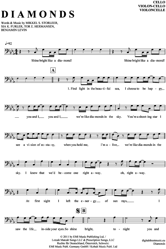 Produktgalerie: Seite 1 von 4 Diamonds , Rihanna, (Violon-Cello)