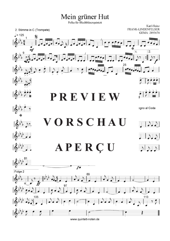 Produktgalerie: Seite 12 von 21 Mein Grüner Hut , Blasorchester Fatamo, (Blechbläser Quintett - Flexible Besetzung + Schlagzeug)