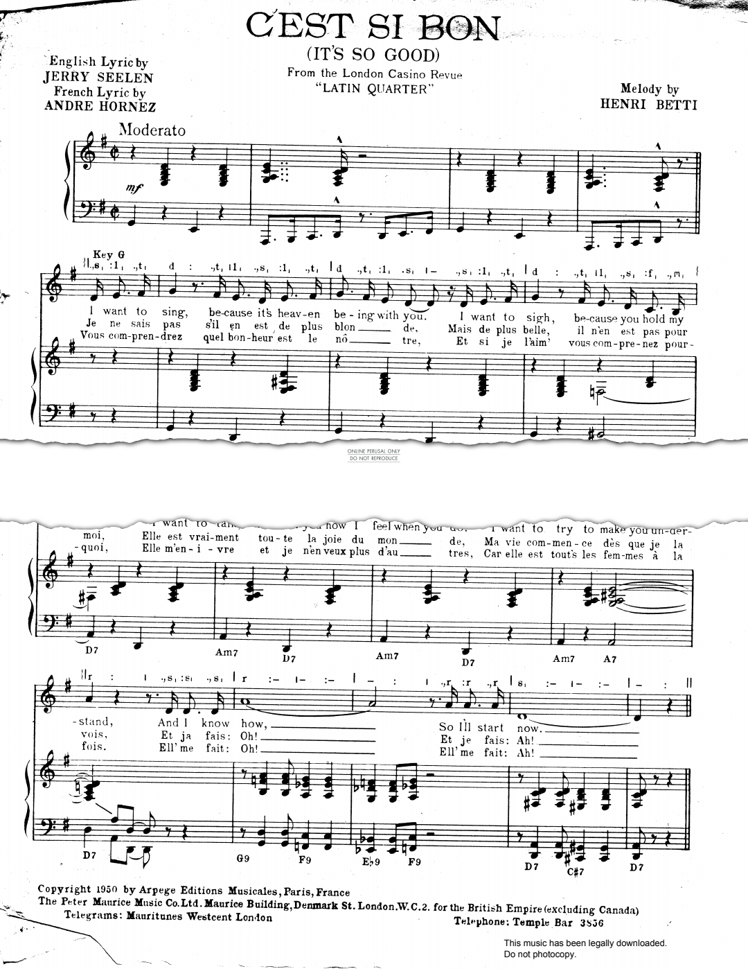 Produktgalerie: Seite 1 von 1 C'est Si Bon (from 'Latin Quarter'), Henri Betti, Gesang, Gitarre, Klavier