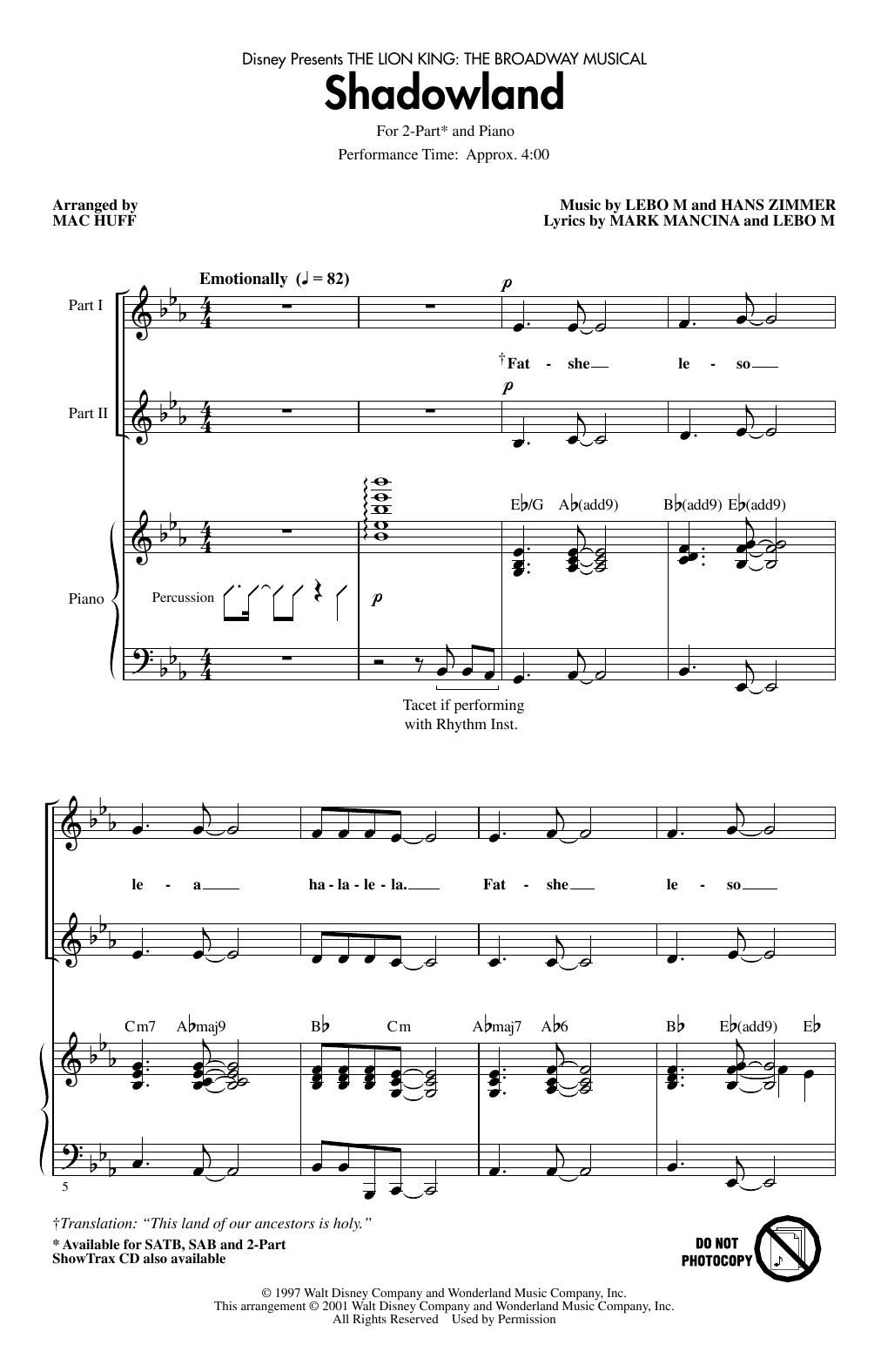 Product picture to: Shadowland (from The Lion King: Broadway Musical) (arr. Mac Huff)