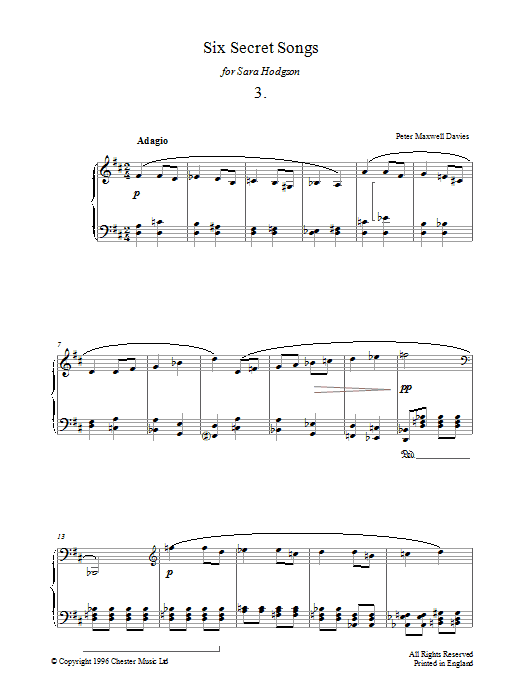 Product gallery: Page 1 of 1 Six Secret Songs, No.3, Adagio, Peter Maxwell Davies