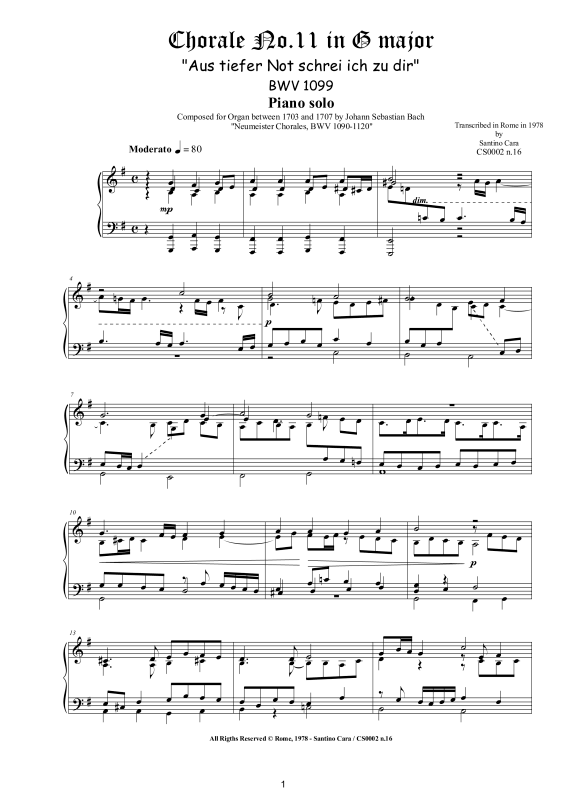 Product picture to: Choral No.11 in G-Dur (Aus tiefer Not schrei ich zu dir) BWV 1099Johann Sebastian Bach