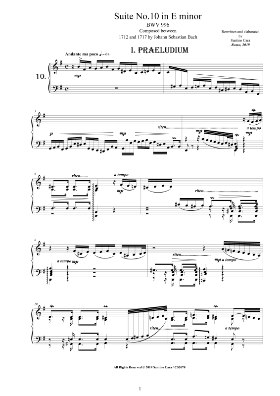 Produktbild zu: Piano Suite No.10 in E-Moll BWV 996 - Complete Piano VersionJohann Sebastian Bach