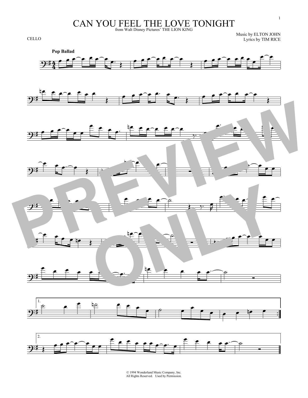 Produktgalerie: Seite 1 von 1 Can You Feel The Love Tonight (from The Lion King), Elton John, Violoncello