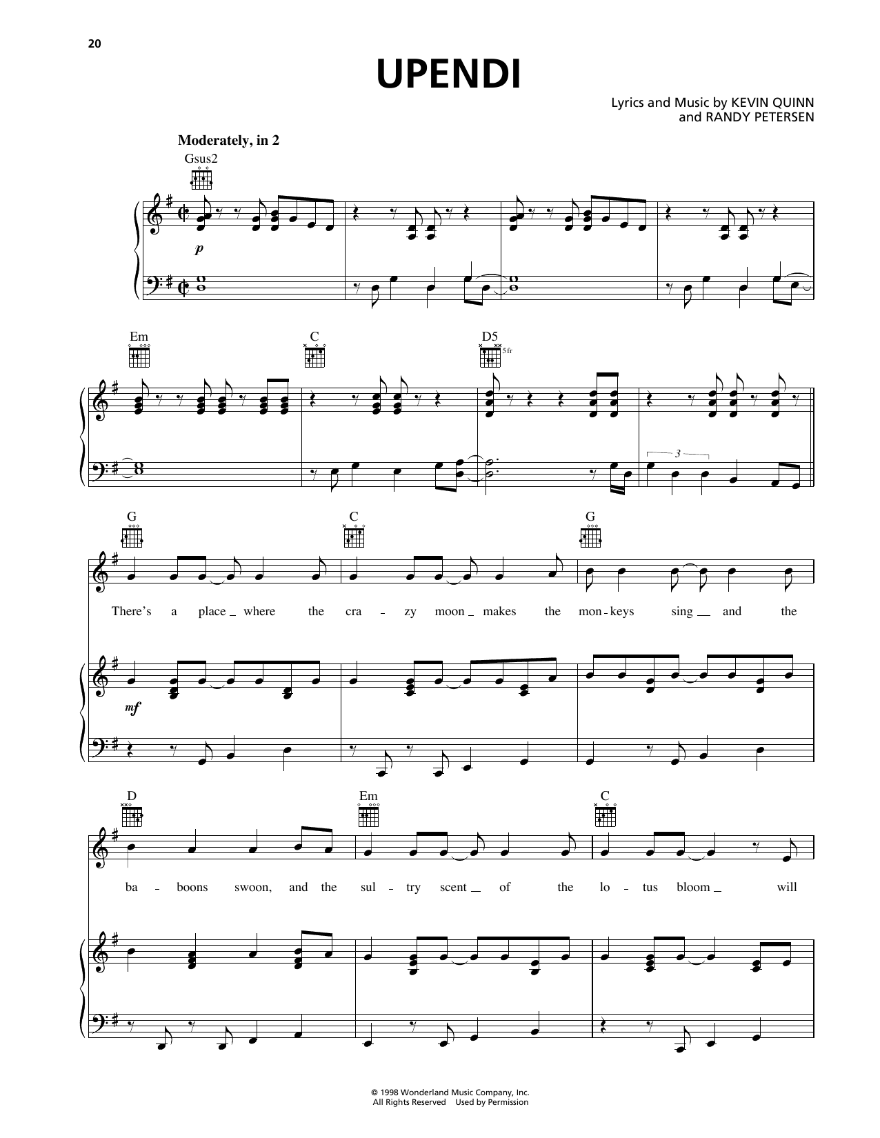 Produktgalerie: Seite 1 von 1 Upendi (from The Lion King II: Simba's Pride), Kevin Quinn, Gesang, Gitarre, Klavier