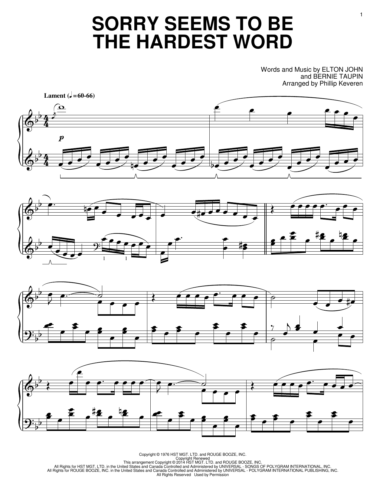 Product gallery: Page 1 of 1 Sorry Seems To Be The Hardest Word [Classical version] (arr. Phillip Keveren), Elton John