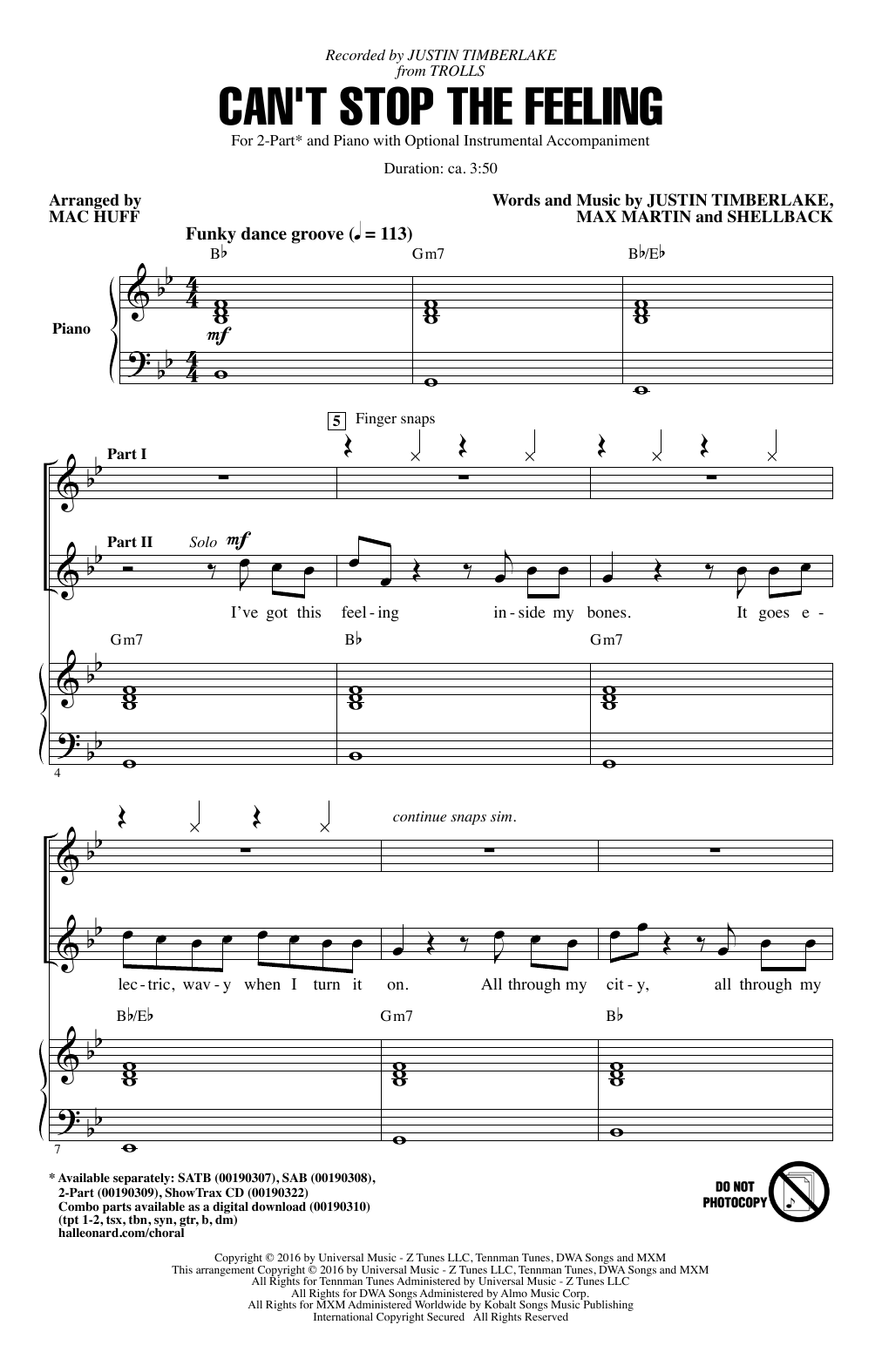 Produktbild zu: Can't Stop The Feeling (from Trolls) (arr. Mac Huff)