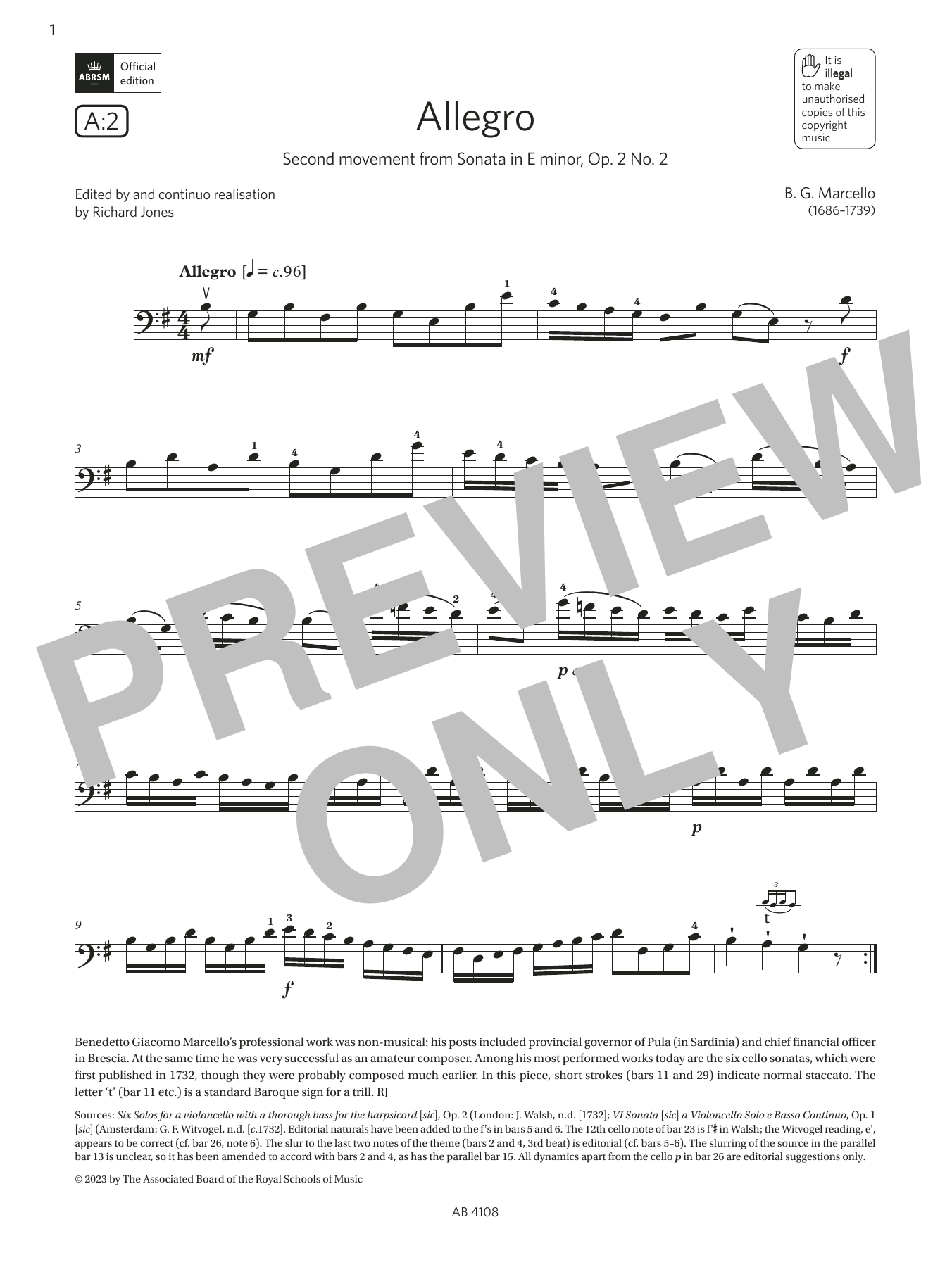 Produktbild zu:  Allegro (Grade 5, A2, from the ABRSM Cello Syllabus from 2024) - B. G. Marcello