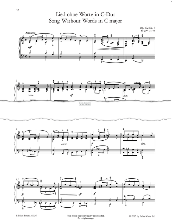 Produktgalerie: Seite 1 von 1 Song Without Words in C Major Op.102, No.6, Felix Mendelssohn, Klavier