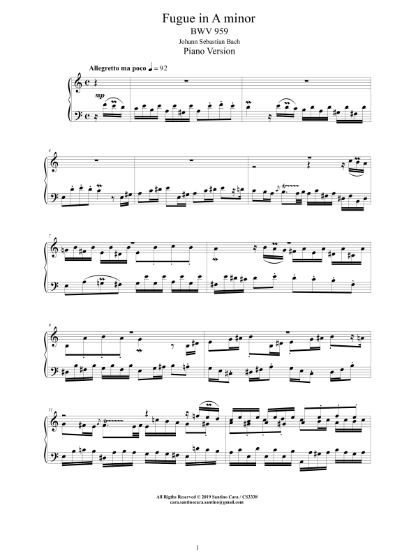 Produktbild zu: Fuge in A-Moll BWV 959Johann Sebastian Bach