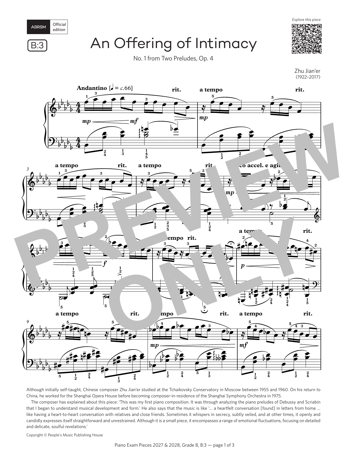 Product gallery: Page 1 of 1 An Offering of Intimacy (Grade 8, list B3, from the ABRSM Piano Syllabus 2027 & 2028), Zhu Jian'er