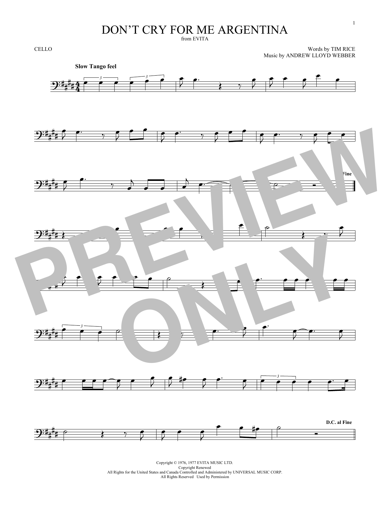 Produktgalerie: Seite 1 von 1 Don't Cry For Me Argentina, Andrew Lloyd Webber, Violoncello