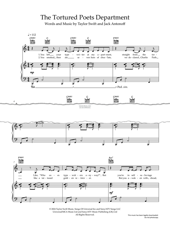 Produktgalerie: Seite 1 von 1 The Tortured Poets Department, Taylor Swift, Gesang, Gitarre, Klavier