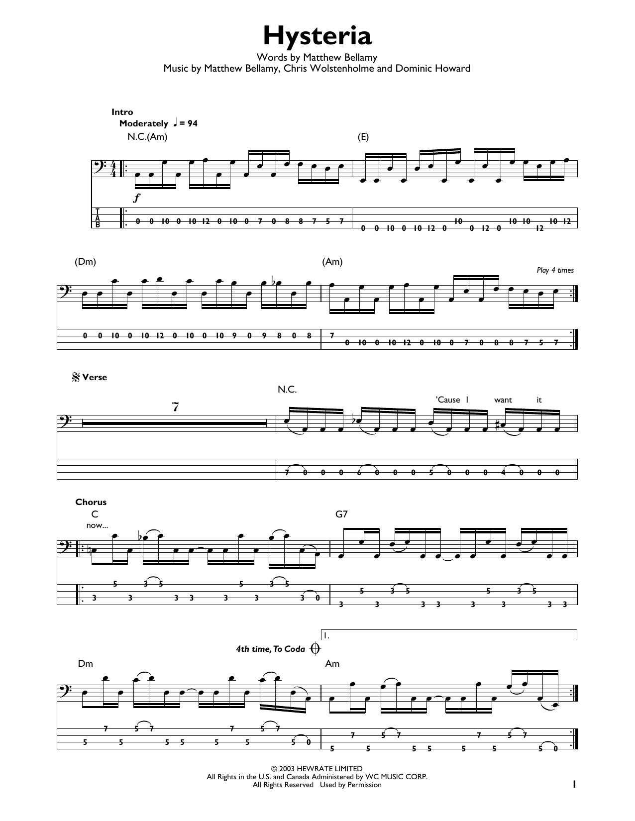 Produktgalerie: Seite 1 von 1 Hysteria, Muse, E-Bass, Gitarre