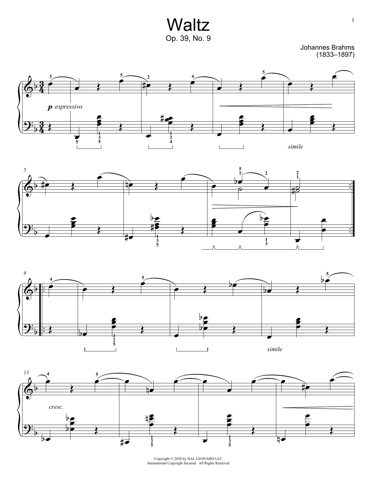 Produktgalerie: Seite 1 von 1 Waltz, Op. 39, No. 9, Johannes Brahms, Klavier