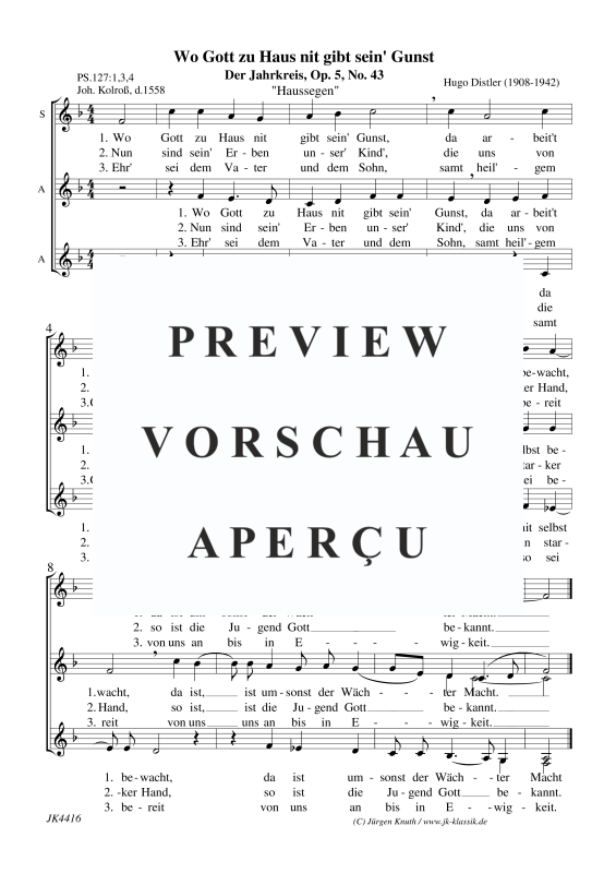 Produktbild zu: Wo Gott zu Haus nit gibt sein´ Gunst (Der Jahrkreis, Op. 5, No. 43)Hugo Distler